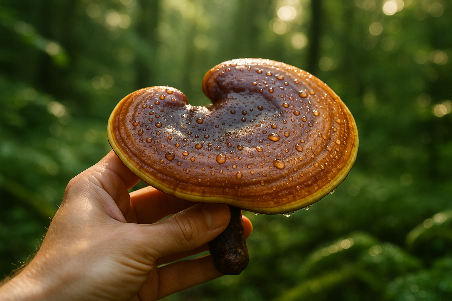 Mains tenant un reishi dans une forêt verte au matin