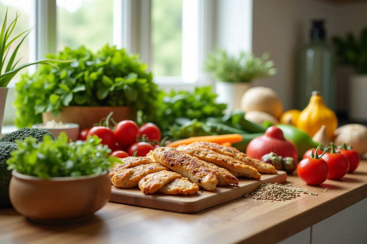 Plan de travail avec légumes et quinoa sans sucres