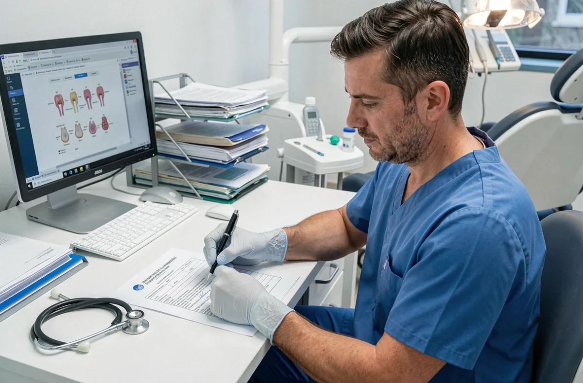 Dentiste rédigeant un arrêt de travail médical pour douleur dentaire intense dans son cabinet