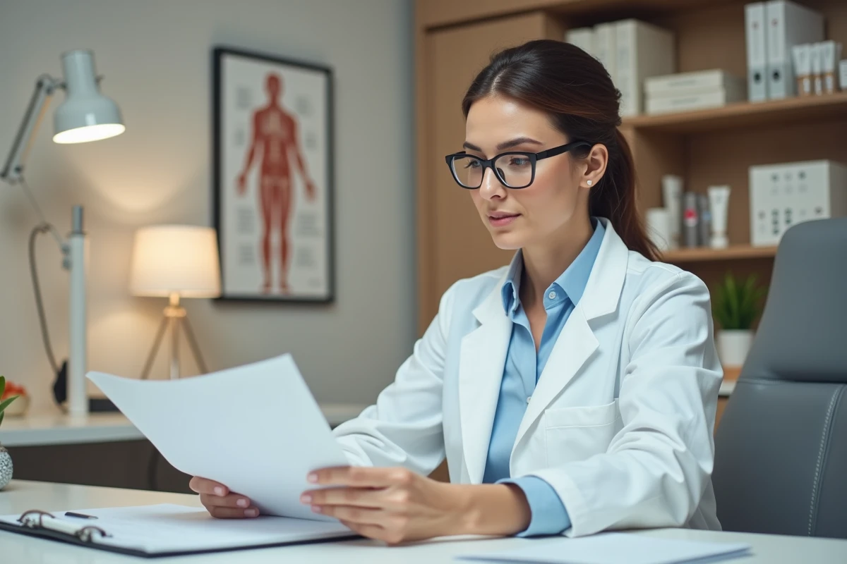 Dermatologue femme en consultation examinant un dossier de soins cutanés, crème Ialuset et alternatives thérapeutiques