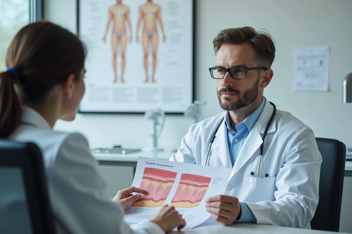 Dermatologue expliquant les options de traitement d'une verrue séborrhéique à un patient en consultation
