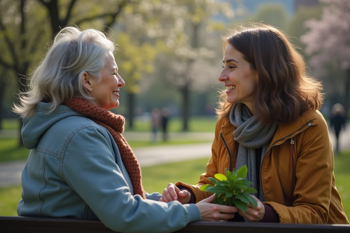 Deux femmes discutant avec menthe dans un parc au printemps