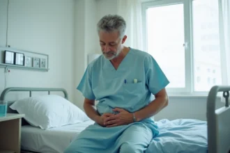 Homme en convalescence après une opération ressentant une douleur dans l'aine droite, assis sur un lit d'hôpital
