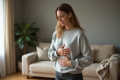 Femme tenant son côté droit sous les côtes avec une expression de douleur légère, illustrant une douleur au niveau du foie