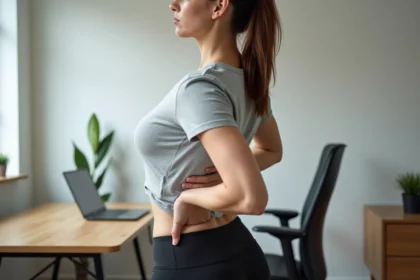 Femme tenant son dos côté gauche en raison d'une douleur lombaire gauche dans un bureau à domicile moderne
