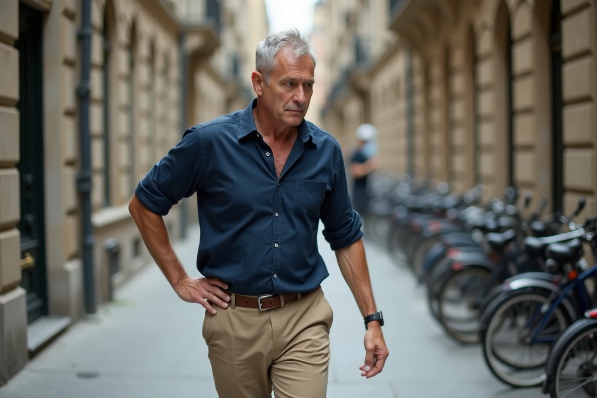 Homme souffrant du dos côté gauche en marchant dans la rue avec une mauvaise posture de marche