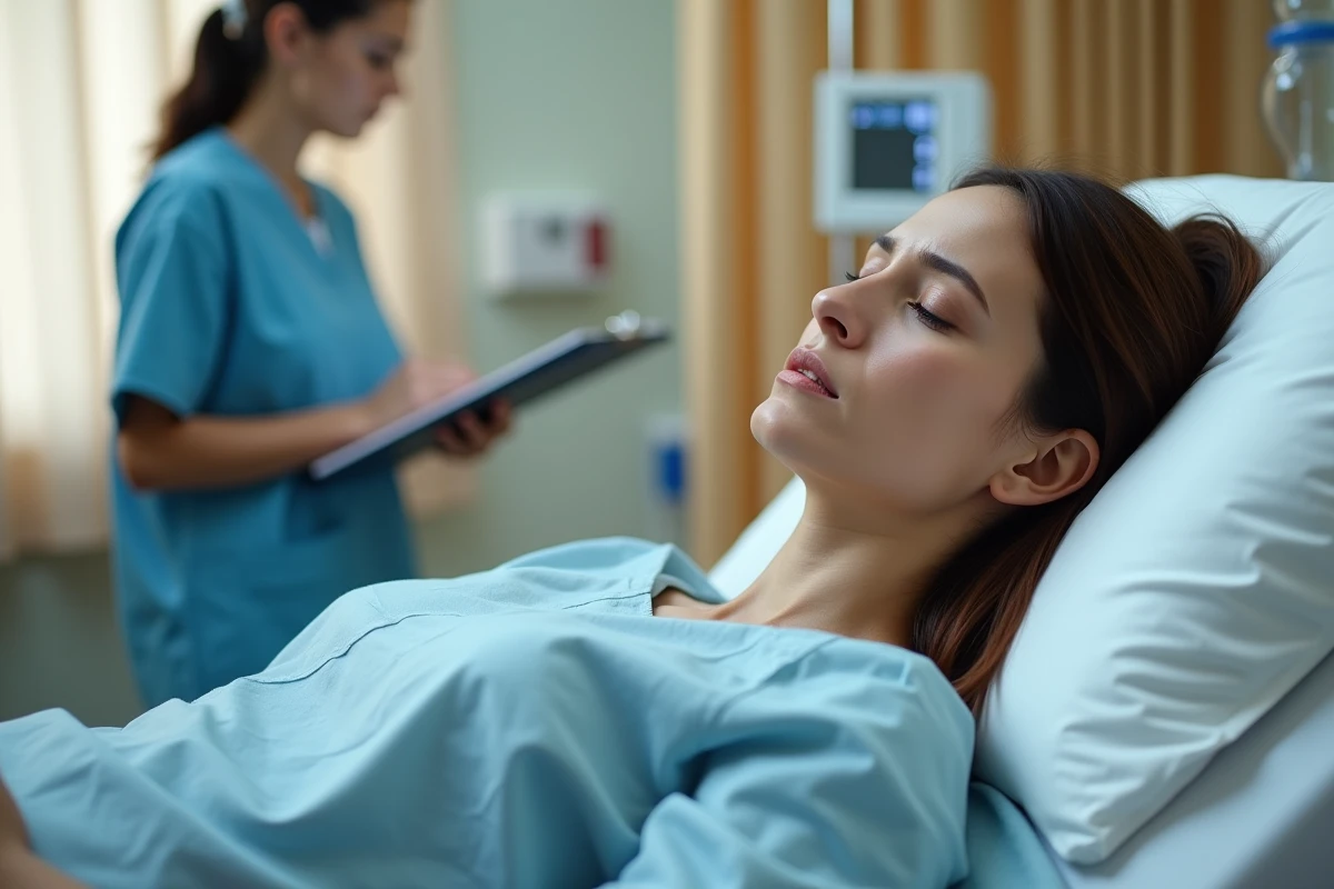 Femme en salle de réveil après une chirurgie exprimant une douleur post-opératoire dans l'aine