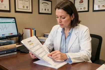 Endocrinologue analysant un bilan phosphocalcique dans son cabinet médical