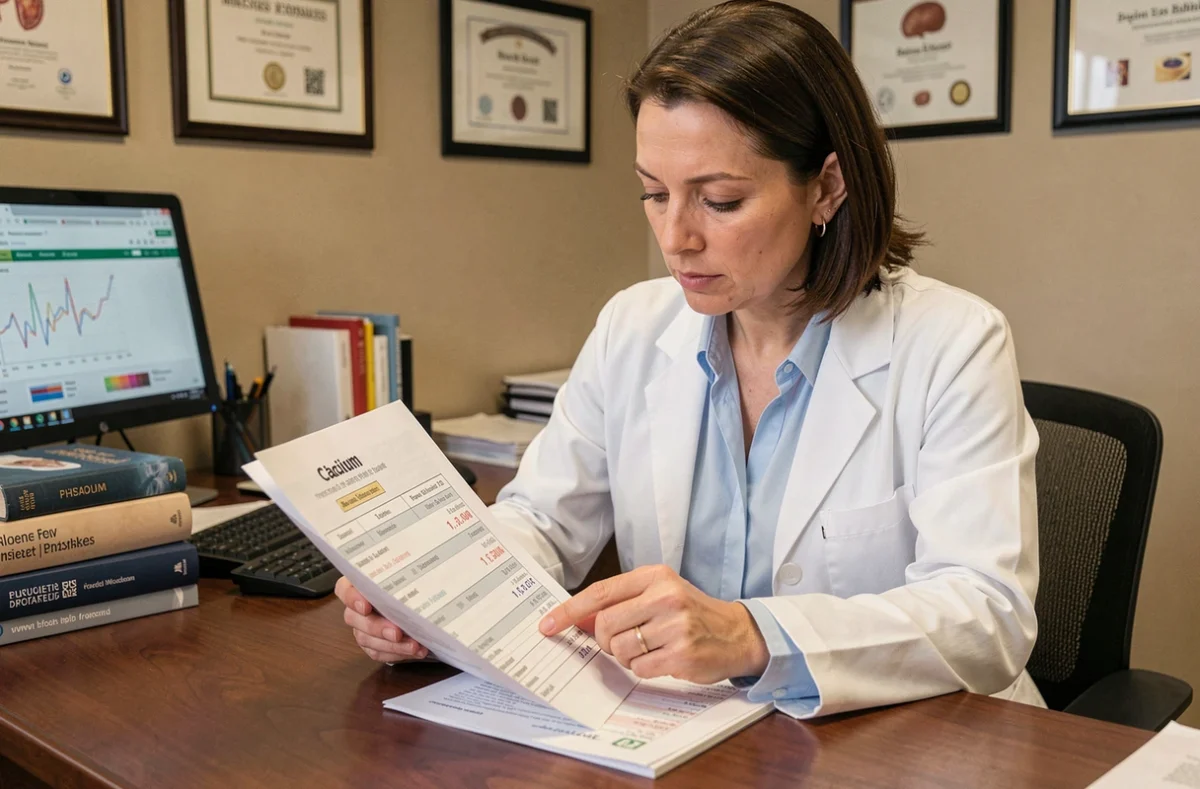 Endocrinologue analysant un bilan phosphocalcique dans son cabinet médical