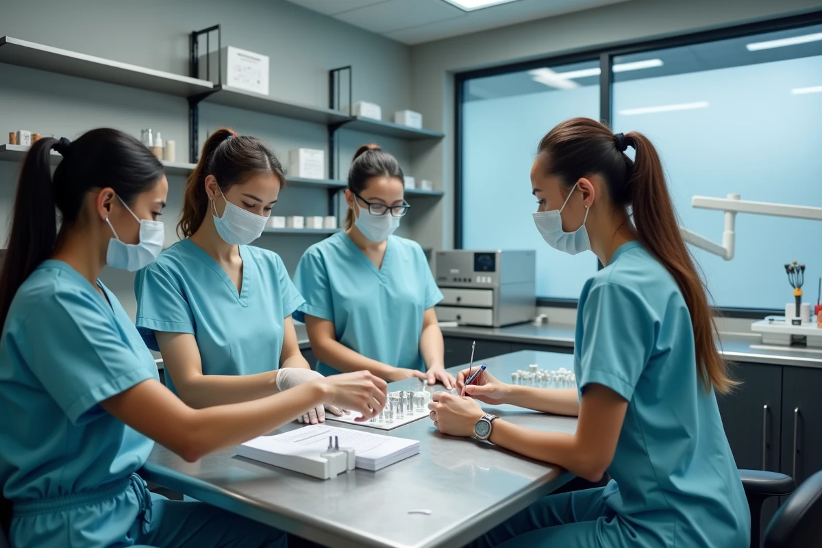 Groupe de professionnels dentaires organisant du matériel