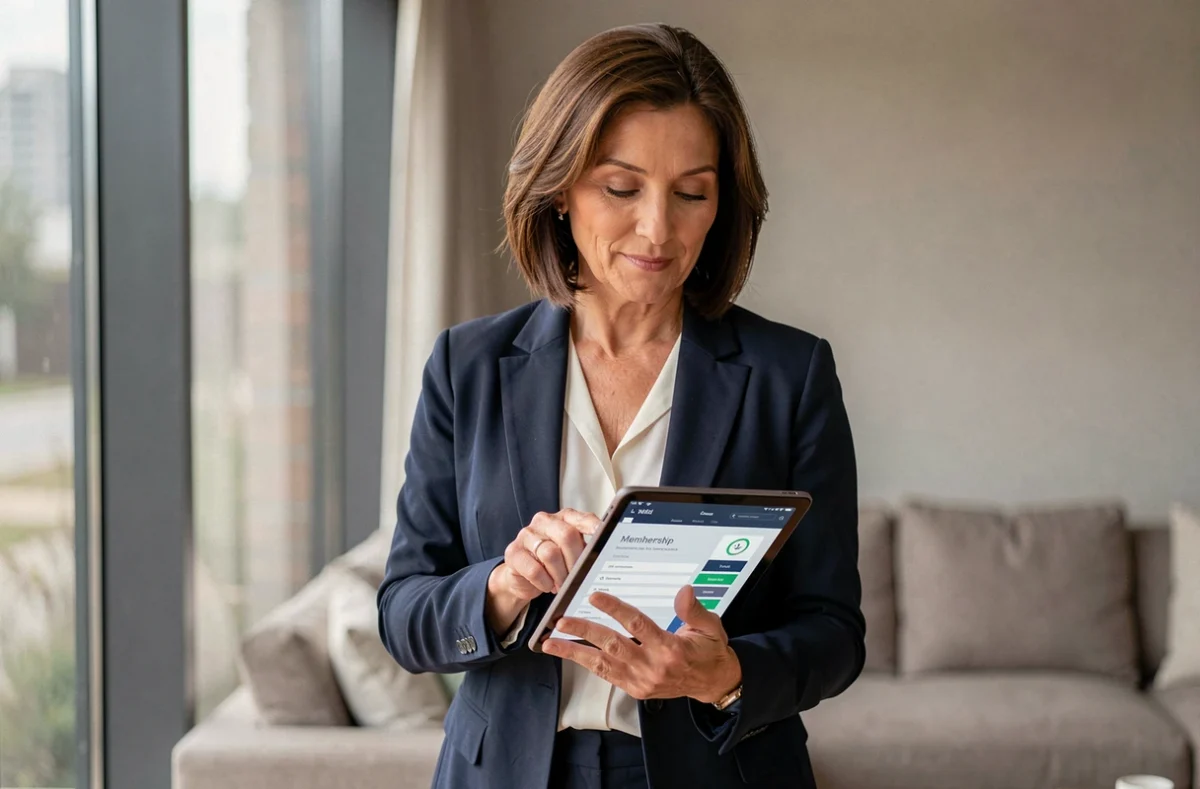 Femme consultant son espace adhérents mnt.fr sur une tablette tactile dans un salon moderne