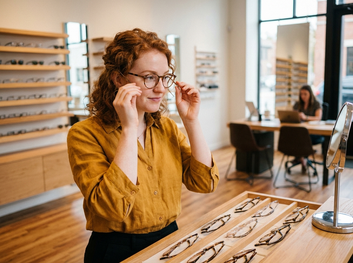 Jeune femme essayant des montures de lunettes dans une boutique d'optique moderne lors d'un suivi confort visuel
