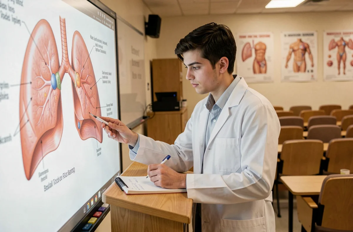 Étudiant en médecine étudiant l'anatomie pleurale et les bases pulmonaires sur un schéma anatomique lors d'un cours hospitalier