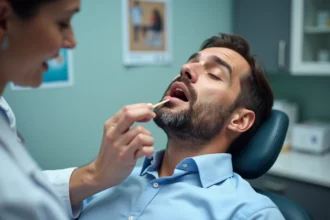 Homme d'âge moyen lors d'un examen médical de la gorge