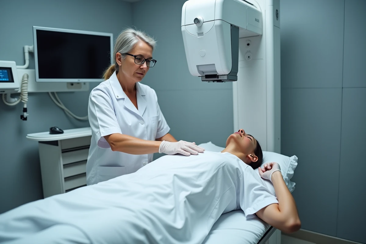 Manipulatrice radio positionnant un appareil de radiographie numérique sur une patiente en salle d'examen