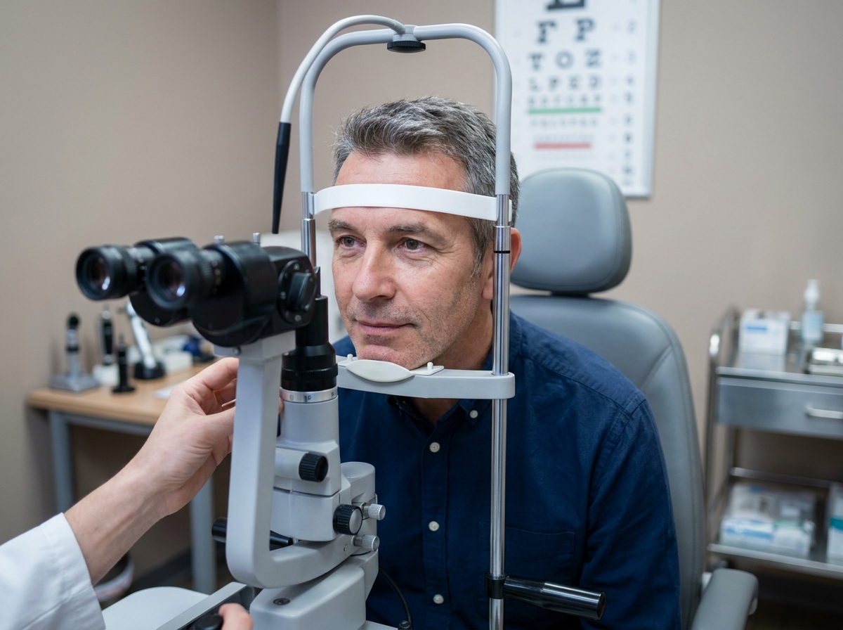 Homme subissant un examen de la vue approfondi à la lampe à fente pour un suivi visuel personnalisé