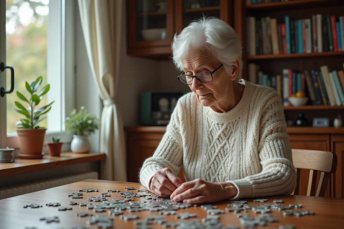 Femme âgée concentrée en faisant un puzzle dans une cuisine chaleureuse