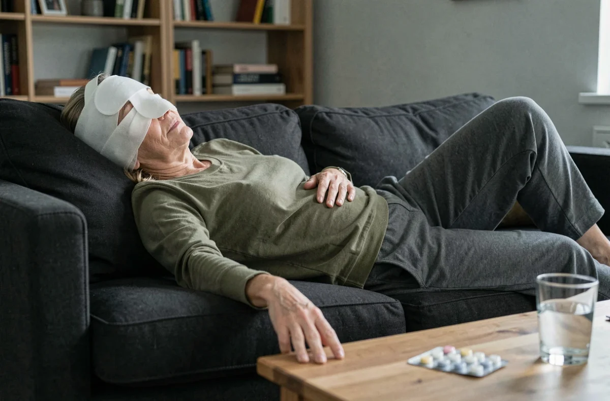 Femme allongée sur un canapé portant un masque froid anti-migraine couvrant les yeux et le front