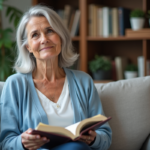 Femme confiante avec cheveux gris lisant un livre sur les mythes antiâge