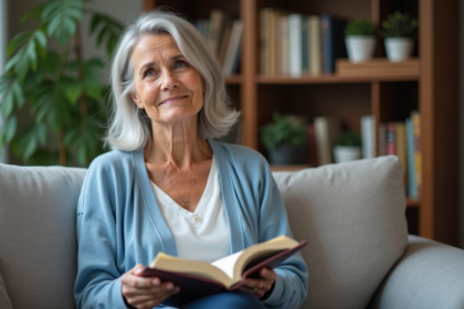 Femme confiante avec cheveux gris lisant un livre sur les mythes antiâge