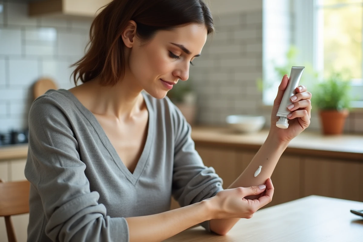 Femme appliquant une crème dermatologique sur l'avant-bras, alternative à Ialuset pour soins de la peau sèche