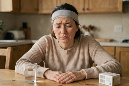 Femme portant un bonnet anti-migraine gel froid à la maison, assise à une table en bois avec une boîte de pharmacie