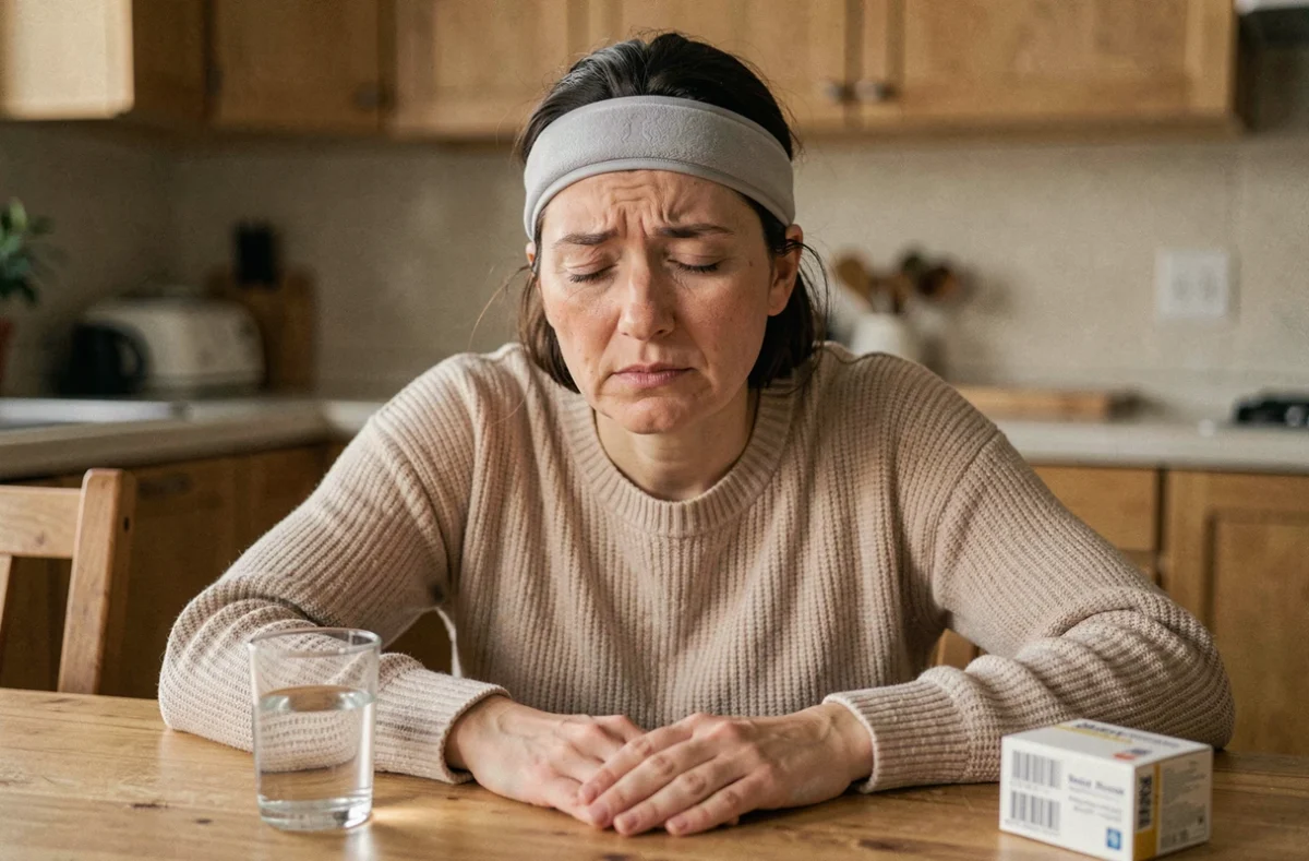 Femme portant un bonnet anti-migraine gel froid à la maison, assise à une table en bois avec une boîte de pharmacie