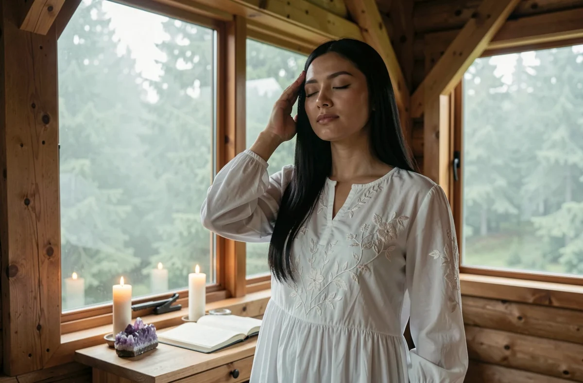 Jeune femme spirituelle dans un chalet en bois tenant sa tempe gauche, symbolisant l'énergie féminine et la signification des maux de tête gauches