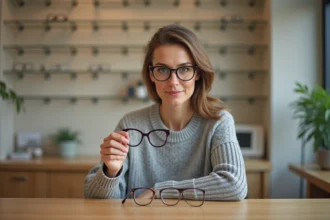 Femme examinant deux paires de lunettes à verres épais dans une salle d'optique pour comparer leur poids et épaisseur