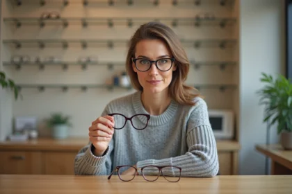 Femme examinant deux paires de lunettes à verres épais dans une salle d'optique pour comparer leur poids et épaisseur