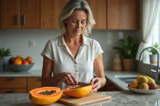 Femme coupant une papaye mûre dans la cuisine moderne