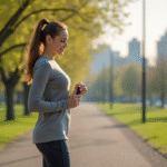 Femme en leggings et top course dans un parc au printemps