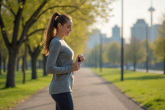 Femme en leggings et top course dans un parc au printemps