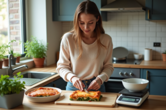 Jeune femme coupant une lasagne maison dans sa cuisine moderne