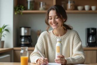 Femme prenant des notes avec une boisson bien-être dans une cuisine chaleureuse