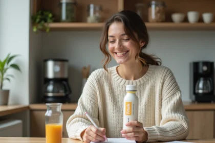 Femme prenant des notes avec une boisson bien-être dans une cuisine chaleureuse