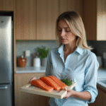 Femme en cuisine avec saumon fumé et expression réfléchie