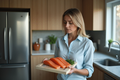 Femme en cuisine avec saumon fumé et expression réfléchie
