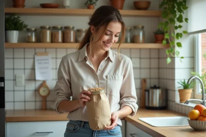 Jeune femme dans sa cuisine naturelle en train de verser des aliments en vrac