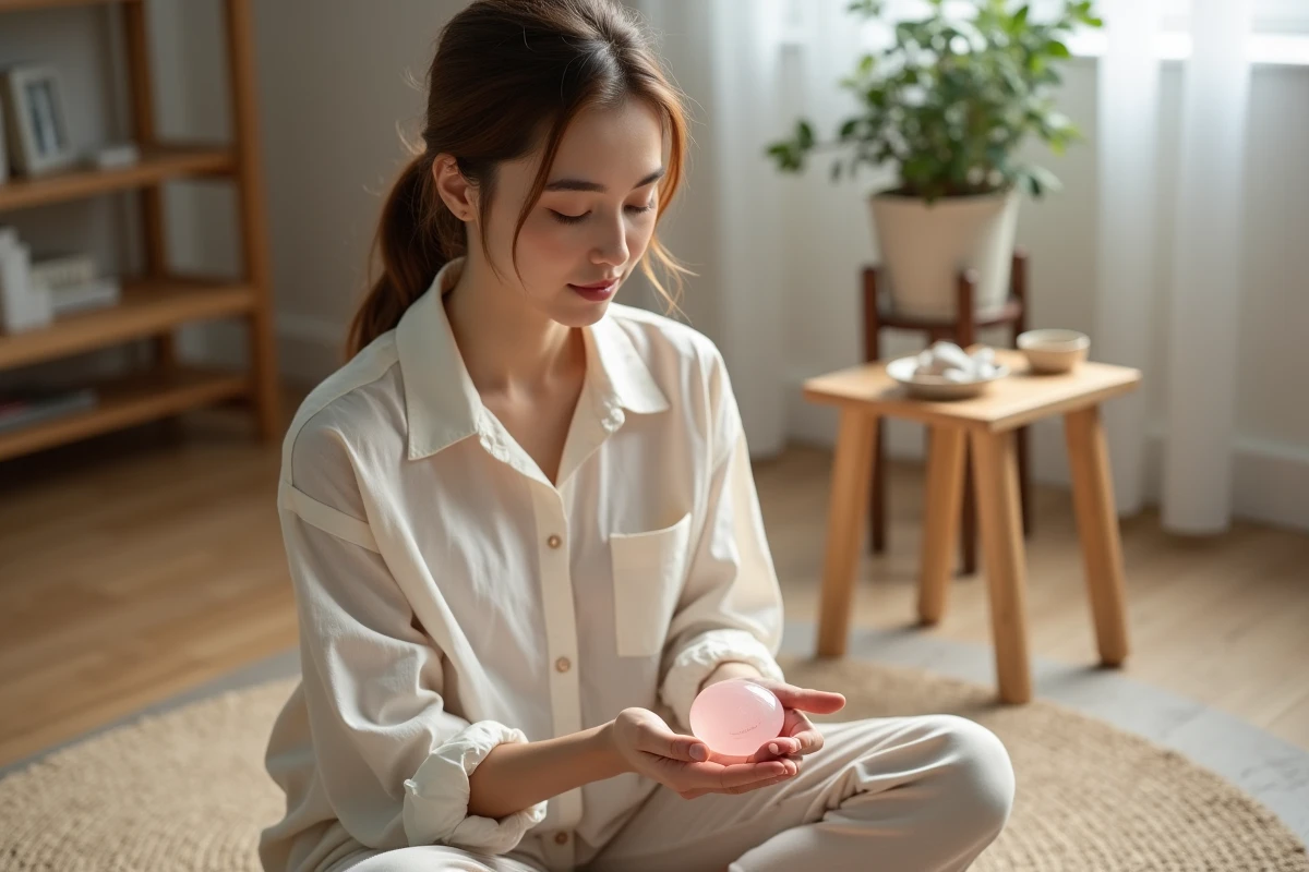 Femme débutante en gestion du stress tenant une pierre de quartz rose dans ses mains lors d'une séance de méditation à domicile