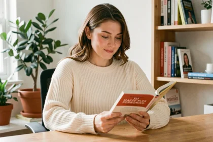 Femme lisant un livre de développement personnel à son bureau, illustrant la thématique du blog Positivia.fr