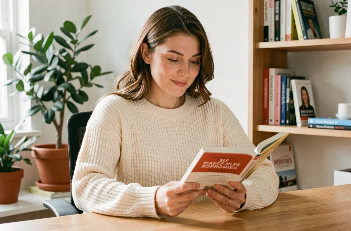 Femme lisant un livre de développement personnel à son bureau, illustrant la thématique du blog Positivia.fr