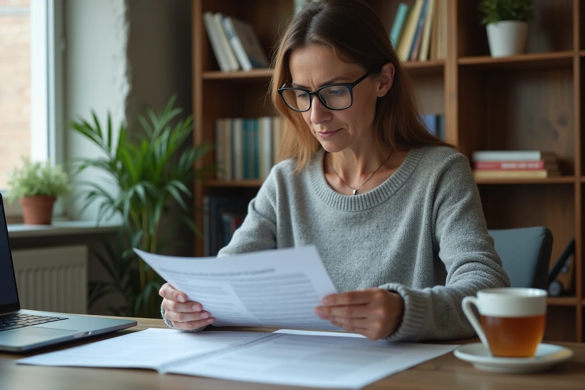 Femme lisant attentivement des documents administratifs liés à une rente d'invalidité pour discopathie à son bureau à domicile