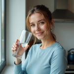 Femme souriante tenant un verre d'eau près du visage