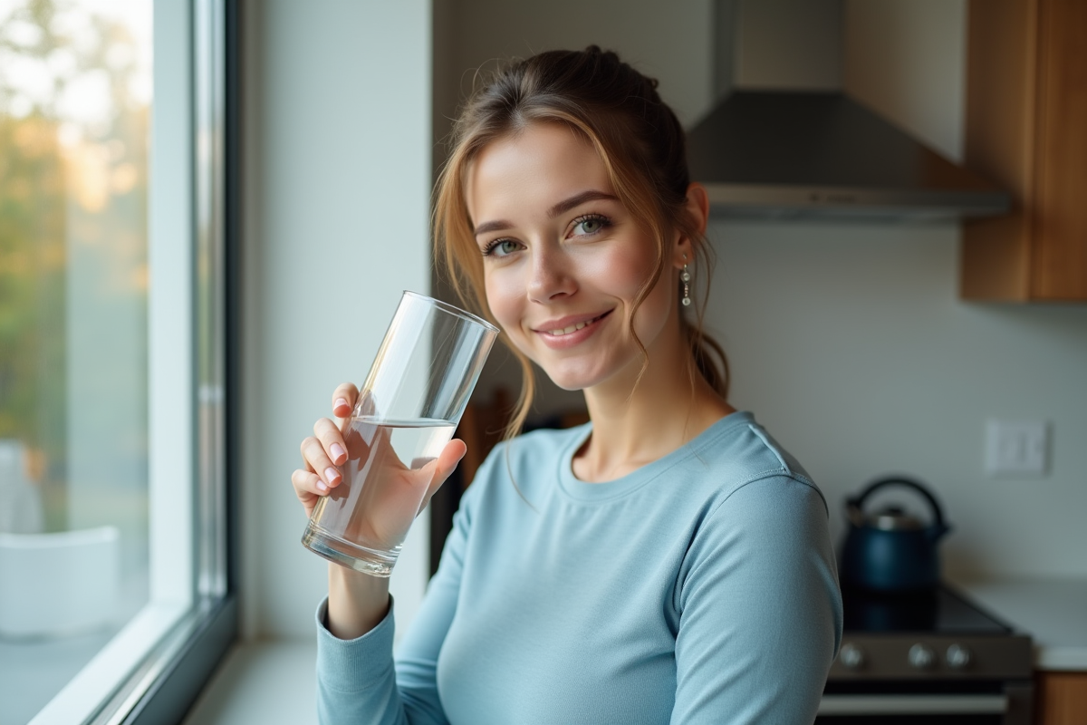 Femme souriante tenant un verre d'eau près du visage