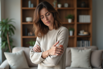 Femme regardant son bras irrité dans un salon cosy