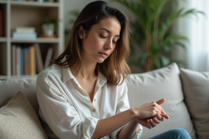 Femme examinant une irritation cutanée sur le bras