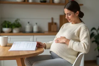 Femme enceinte calculant sa date de terme avec un calendrier de grossesse sur une table en bois