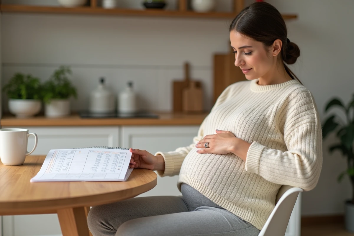 Femme enceinte calculant sa date de terme avec un calendrier de grossesse sur une table en bois