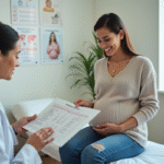 Jeune femme enceinte souriante lors d'une consultation médicale